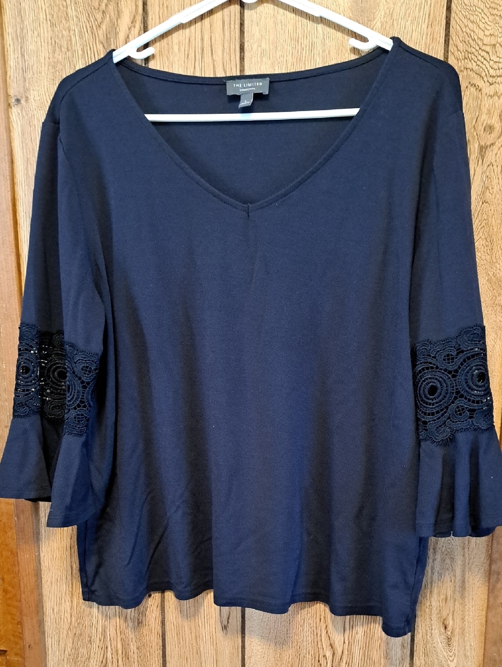 The Limited Black V-Neck Crochet Bell Sleeve Top Size L